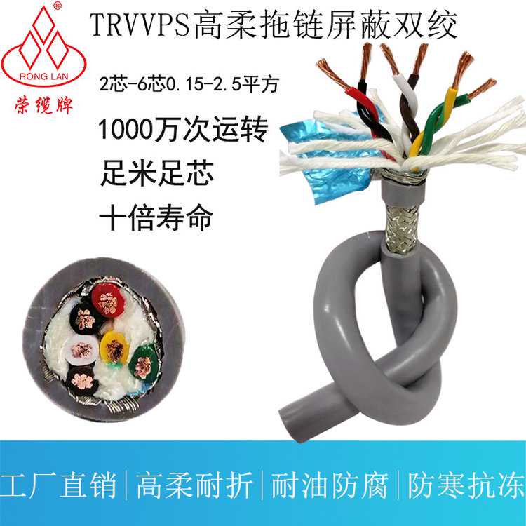 荣缆高柔性拖链电缆TRVVPS双绞屏蔽线2芯信号抗干扰耐折特种电线